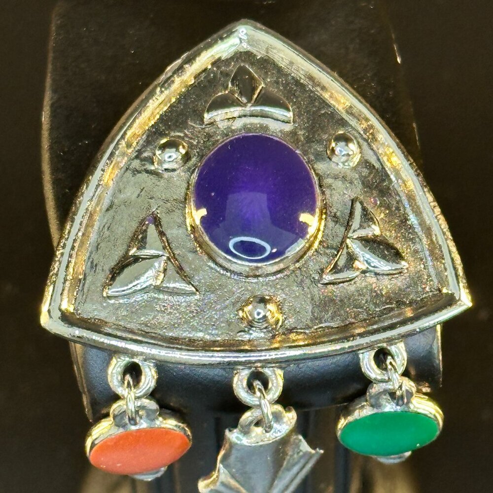 🔺 Vintage Modernist Silver Brooch with Purple, Green & Orange Cabochons – Geome
